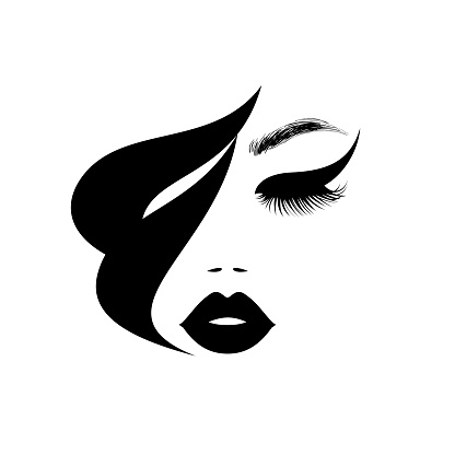 Beauty logo, beautiful woman face, sexy black lips, eyelash extensions, fashion woman, curly hairstyle, hair salon sign, icon. Vector illustration.