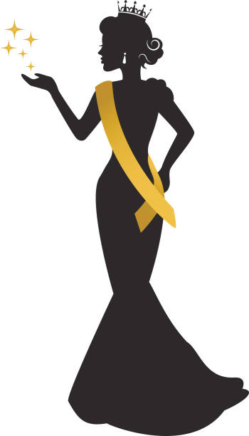 beauty queen silhouette graceful silhouette of a beautiful woman in a crown, a sweater's ribbon and a long dress at a beauty pageant beauty pageant stock illustrations