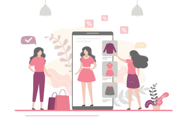 ilustrações de stock, clip art, desenhos animados e ícones de beauty women trying on things in virtual fitting room. app on mobile phone is an online dressing room. - changing room