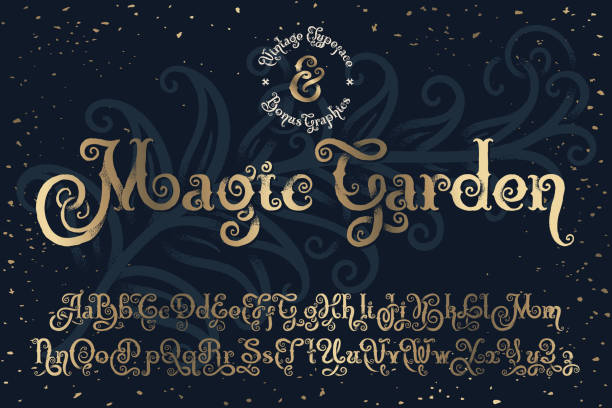 ilustraciones, imágenes clip art, dibujos animados e iconos de stock de bonita fuente decorativa denominada "jardín mágico" con efecto ruido de textura agradable. - fairy