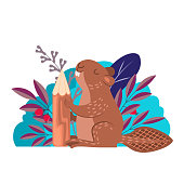 Beaver with a gnawed log on the background of fabulous plants. Flat style. Vector