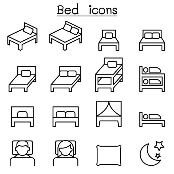 stockillustraties, clipart, cartoons en iconen met bed pictogrammenset in dunne lijnstijl - wiegman