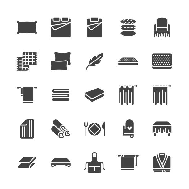 Bedding flat glyph icons. Orthopedics mattresses, bedroom linen, pillows, sheets set, blanket and duvet illustrations. Signs for interior store. Solid silhouette pixel perfect 64x64 Bedding flat glyph icons. Orthopedics mattresses, bedroom linen, pillows, sheets set, blanket and duvet illustrations. Signs for interior store. Solid silhouette pixel perfect 64x64. bed furniture icons stock illustrations