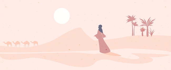 Bedouin women in the desert, camel caravan. Oriental woman in hijab. Monochrome illustration in the style of minimalism.