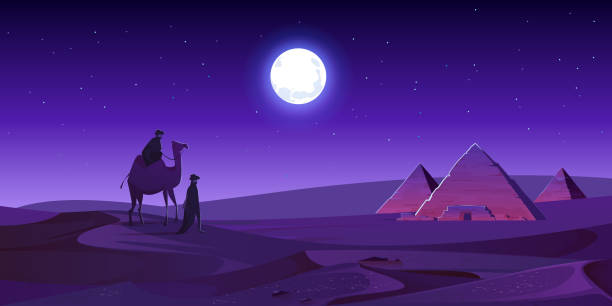 Bedouins walk to Egypt pyramids at night desert Bedouins walk to Egypt pyramids on camel at night desert. Egyptian pharaoh tomb complex in Giza plateau illuminated with mystic moonlight under starry sky. Cartoon vector ancient african landmark arabic history stock illustrations