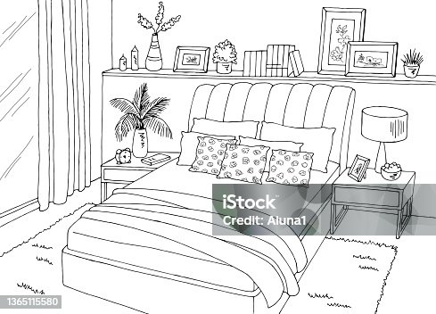 istock Bedroom graphic black white home interior sketch illustration vector 1365115580