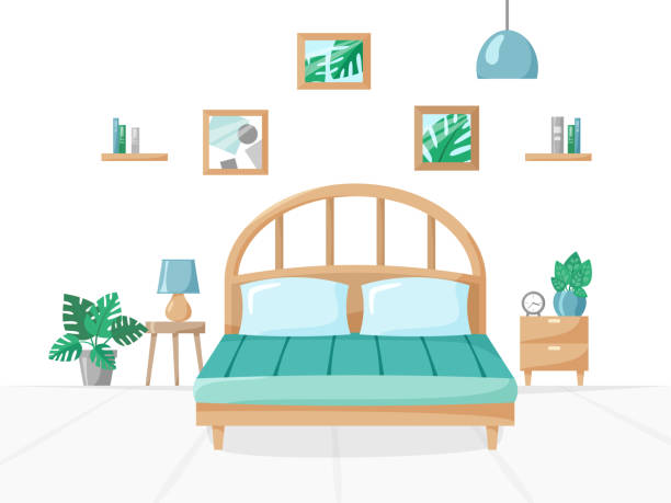 Bedroom in flat style, home illustration with bed, lamp, house plants in pots, books on shelves, clock, sweet home vector illustration Bedroom in flat style, home illustration with bed, lamps, house plants in pots, books on shelves, clock, sweet home vector illustration shelf over bed stock illustrations