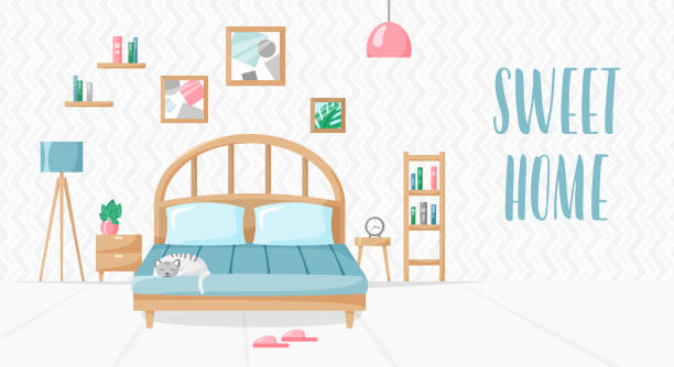 Bedroom in flat style, home illustration with bed, lamp, house plants in pots, books on shelves, clock, sweet home sign, vector art and lettering Bedroom in flat style, home illustration with bed, lamps, house plants in pots, books on shelves, clock, sweet home sign, vector art and lettering shelf over bed stock illustrations
