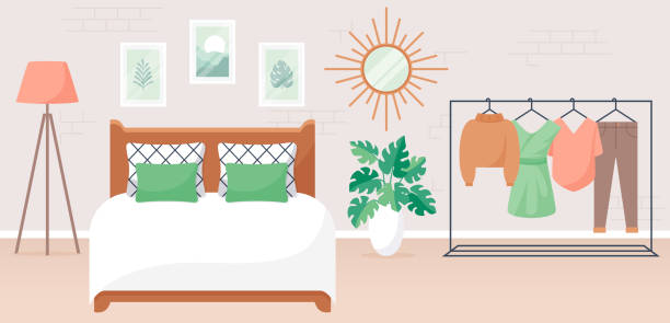 Bedroom interior. Vector horizontal banner. Bedroom interior. Vector illustration. Design of a stylish modern room with double bed, clothes rack, mirror, and decor accessories. Home furnishings. Horizontal flat banner. clothes rack stock illustrations