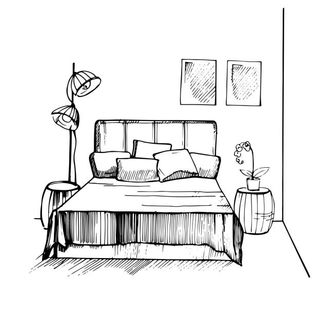 Bedroom interior. Vector  illustration. Bedroom interior. Vector sketch  illustration. bed furniture drawings stock illustrations