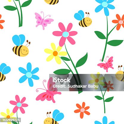 istock Bee and flowers summer field pattern Seemless floral Hawaian shirt pattern 1412929774