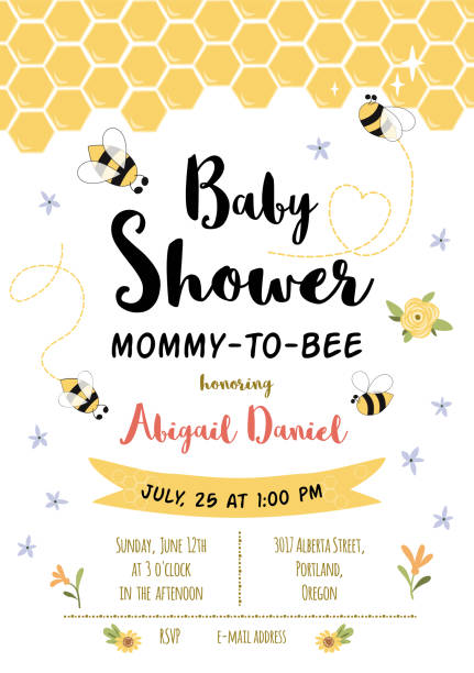 Bee Baby shower invitation template. Honoring Mommy to Bee, honey. Sweet card with honeycomb background Bee Baby shower invitation template. Honoring Mommy to Bee, little honey. Sweet card with honeycomb background Cute card design for girls, boys with bees. Vector illustration. Baby shower invite. bee borders stock illustrations