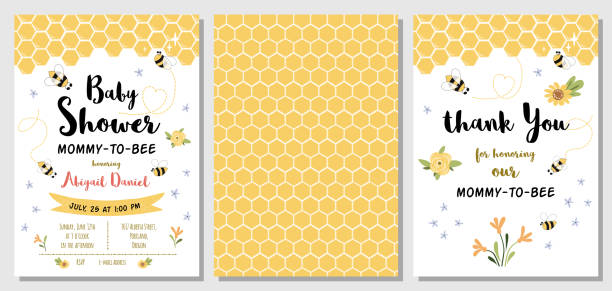 Bee Baby Shower invitation templates set Mommy to bee, sweet, honey, thank you card, yellow pattern banner. Vector Bee baby shower invitation templates set with with cute yellow bee, text Mommy to Bee, sweet honey. Honeycomb background. Thank you card. Gender neutral bby shower invite. Vector illustration. baby shower stock illustrations