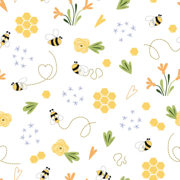 Bee honey pattern Bee floral yellow template Bee seamless pattern Cute honey templates vector Bee honey pattern Bee seamless pattern Cute hand drawn summer meadow flowers, bee honeycomb background Hand drawn honey templates. Kids fabric design. Vector illustration. Yellow white colors. bee designs stock illustrations