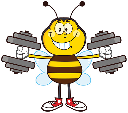 Bee Mascot Holding Dumbbells