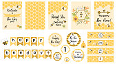 Bee party set. Sweet bee day card templates for baby shower, kids party, birthday, children event. Welcome, thank you. Bee day garland, cupcake toppers. Cute printable bee banner. Vector illustration.