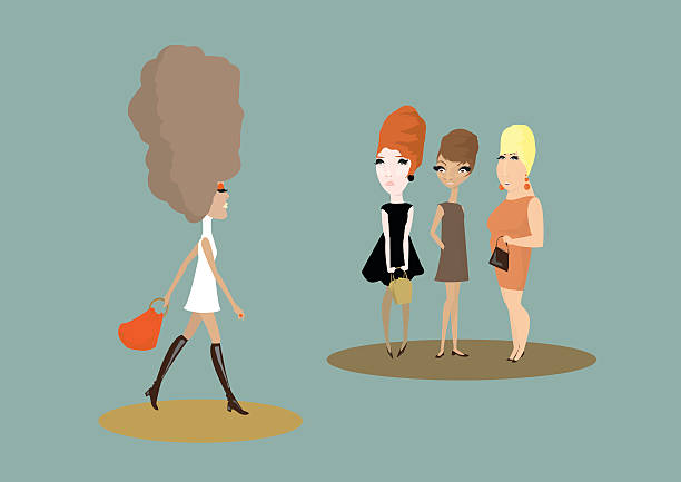 Beehive jealousy Street humorous, 60's style scene showing 3 women looking enviously at a passer-by sporting a particularly big beehive/bouffant hairdo.   girls in very short dresses stock illustrations