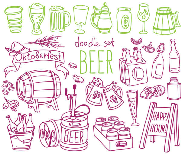 ilustrações de stock, clip art, desenhos animados e ícones de beer and brewery doodle set. - empty beer bottle
