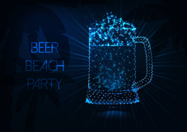bildbanksillustrationer, clip art samt tecknat material och ikoner med beer beach party konceptet med glödande låg poly ölmugg, strålar, palmer och text på mörkblå. - badstrand sommar sverige