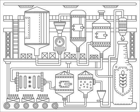 Beer Brewery production process. Line factory beer background. Outline stroke linear style vector illustration.