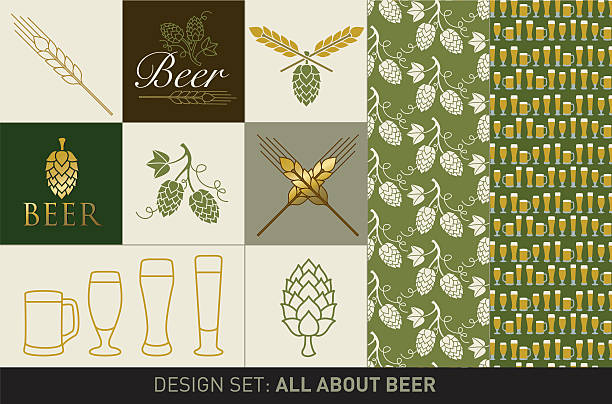 ilustrações de stock, clip art, desenhos animados e ícones de conjunto de design de cerveja - beer hop
