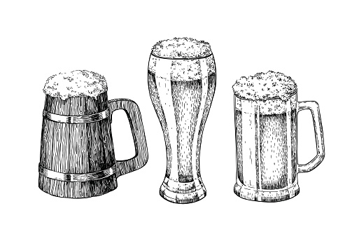 Beer glass, mug, wooden mug. Hand drawn vector illustration.