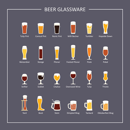Beer glassware guide, flat icons on dark background. Vector