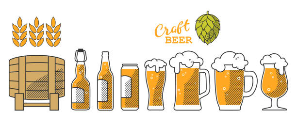 ilustrações de stock, clip art, desenhos animados e ícones de beer line set color - empty beer bottle