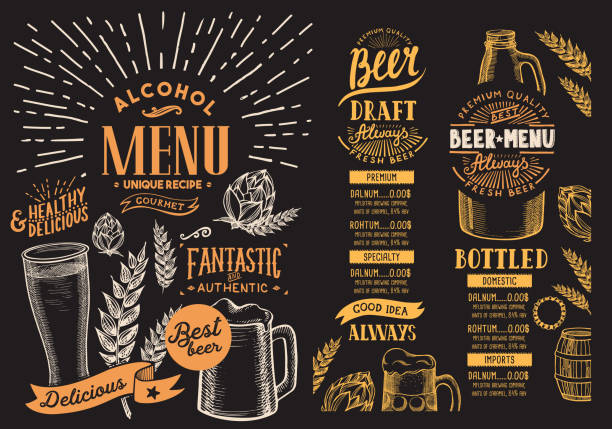 illustrazioni stock, clip art, cartoni animati e icone di tendenza di menu della birra per ristorante. modello di progettazione con illustrazioni grafiche disegnate a mano. volantino per bevande vettoriali per bar. - birra
