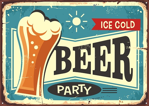 Beer party retro pub sign with beer glass on blue background