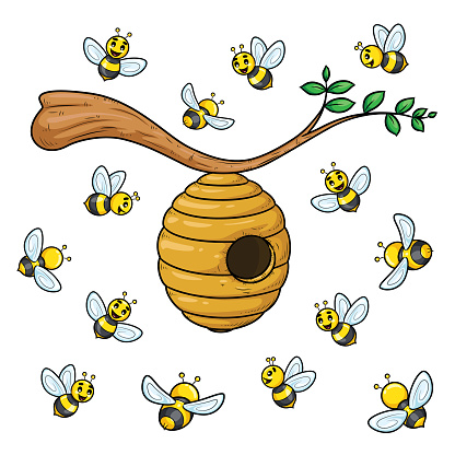 Bees cartoon collection with beehive.