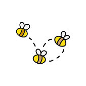 Bees vector illustration. Hand drawn cute honey bees flying. Outlined isolated insect cartoon graphic.