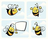 Four vector illustrated friendly bee characters. Basic gradients and blends. Includes native Freehand and Illustrator files, besides high and low resolution .jpgs.