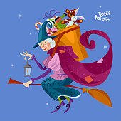 Befana. Old woman flying on a broomstick with a basket of gifts for children. Italian Christmas tradition. Vector illustration.
