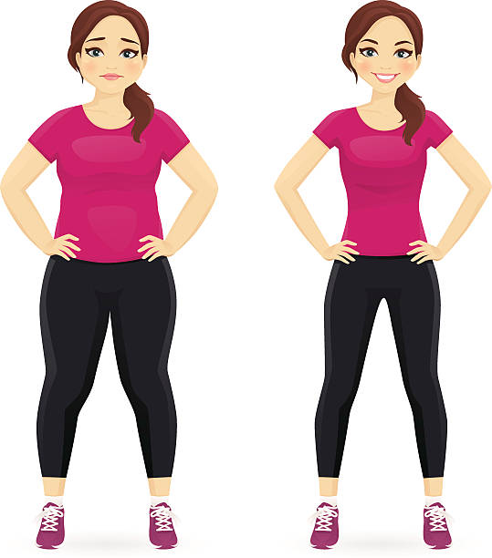 Before and after diet woman Fat and slim woman, before and after weight loss in sportswear isolated dieting illustrations stock illustrations