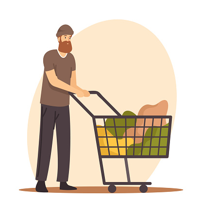 Beggar Male Character Wearing Ragged Clothing Pick Up Garbage on Street and Put into Shopping Cart, Homeless Poor Bum Begging, Need Help in Trouble, Donation. Cartoon People Vector Illustration