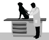 Vector illustration in silhouette of a veterinarian using a stetoscope on a dog at the pet hospital. He is wearing a lab coat and the dog is sitting on a medical exam table.This file is to be used for batch editing. It can contain active and deleted keywords. Pasting this file data will update and delete keywords accordingly.
