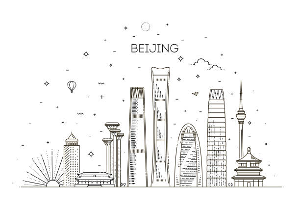 illustrazioni stock, clip art, cartoni animati e icone di tendenza di skyline di pechino con panorama sullo sfondo del cielo - beijing