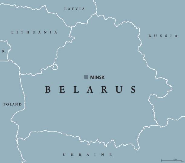 Belarus political map Belarus political map with capital Minsk, national borders and neighbors. Formerly known as Byelorussia. Republic and landlocked country in Eastern Europe. Gray illustration. English labeling. Vector. belarus stock illustrations