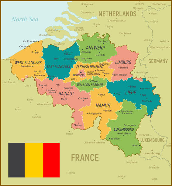 Belgium Map. Vintage Illustration with Regions and National Flag Belgium Map. Vintage Illustration with Regions and National Flag flanders belgium stock illustrations