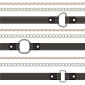 Belt, rope and chain horizontal seamless pattern on white background. Black leather strap with metal silver rings. Vector illustration in cartoon flat style.