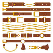Belts and chains elements. Leather brown belts, gold ring straps, chains and metal buckles. Haberdashery leather accessories vector illustration. Leather belt straight, clasp and strap part