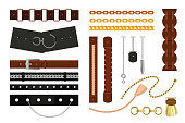 Belts with braiding, pendant and chain set. Vector illustrations of leather, gold and silver design elements. Cartoon belts with ring, buckle or fringe isolated on white. Jewelry, baroque concept