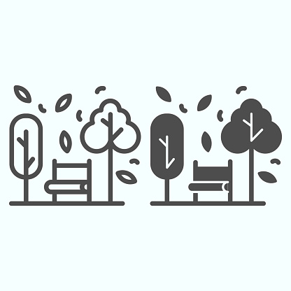 Bench and trees line and solid icon. Wide chair in front of plants and leafs in park. Autumn season vector design concept, outline style pictogram on white background, use for web and app. Eps 10
