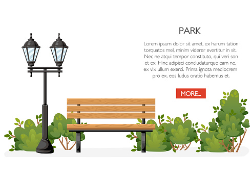 Bench with bushes and lantern. Cartoon style design. Park concept. Vector illustration on white background. Web site page and mobile app design