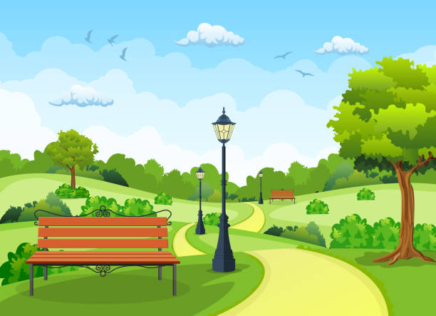 illustrazioni stock, clip art, cartoni animati e icone di tendenza di panchina con albero e lanterna nel parco. - parco