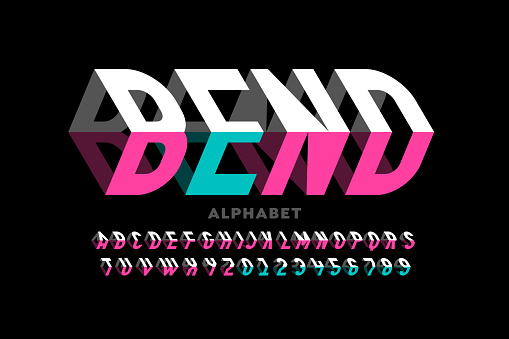 Bending 3D style font design, typography design, alphabet letters and numbers