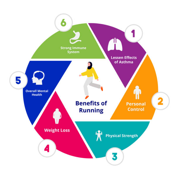 Benefits of running lesson effects of asthma personal control physical strength weight loss overall mental health strong immune system in diagram flat style. Benefits of running lesson effects of asthma personal control physical strength weight loss in diagram flat style vector design illustration. benefits of exercise infographics stock illustrations
