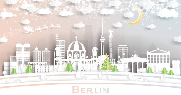 stockillustraties, clipart, cartoons en iconen met berlin germany city skyline in paper cut style with snowflakes, moon and neon garland. - berlin snow