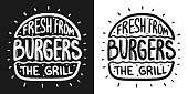 Fresh burger from the grill lettering with rays and engraving bun vector vintage illustration. For poster and menu.